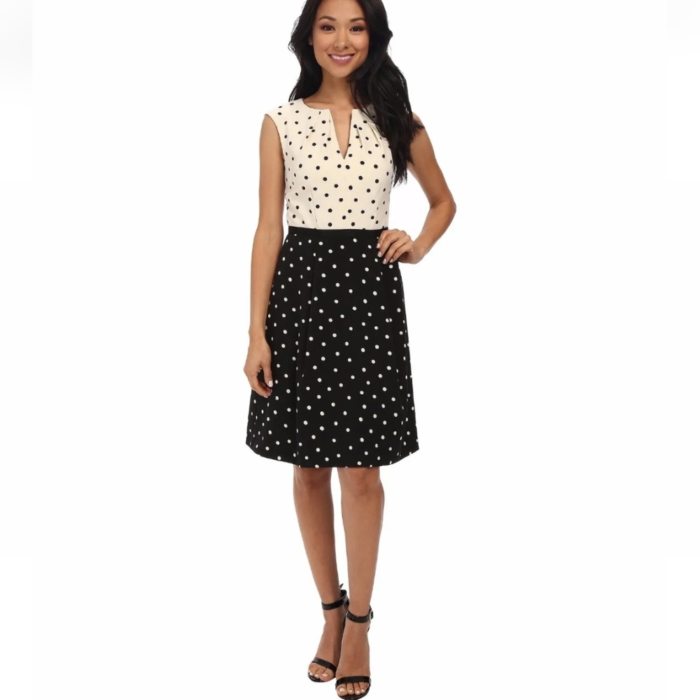 Adrianna Papell Ecru/ Black Polka Dot Crepe Dress Retro 12